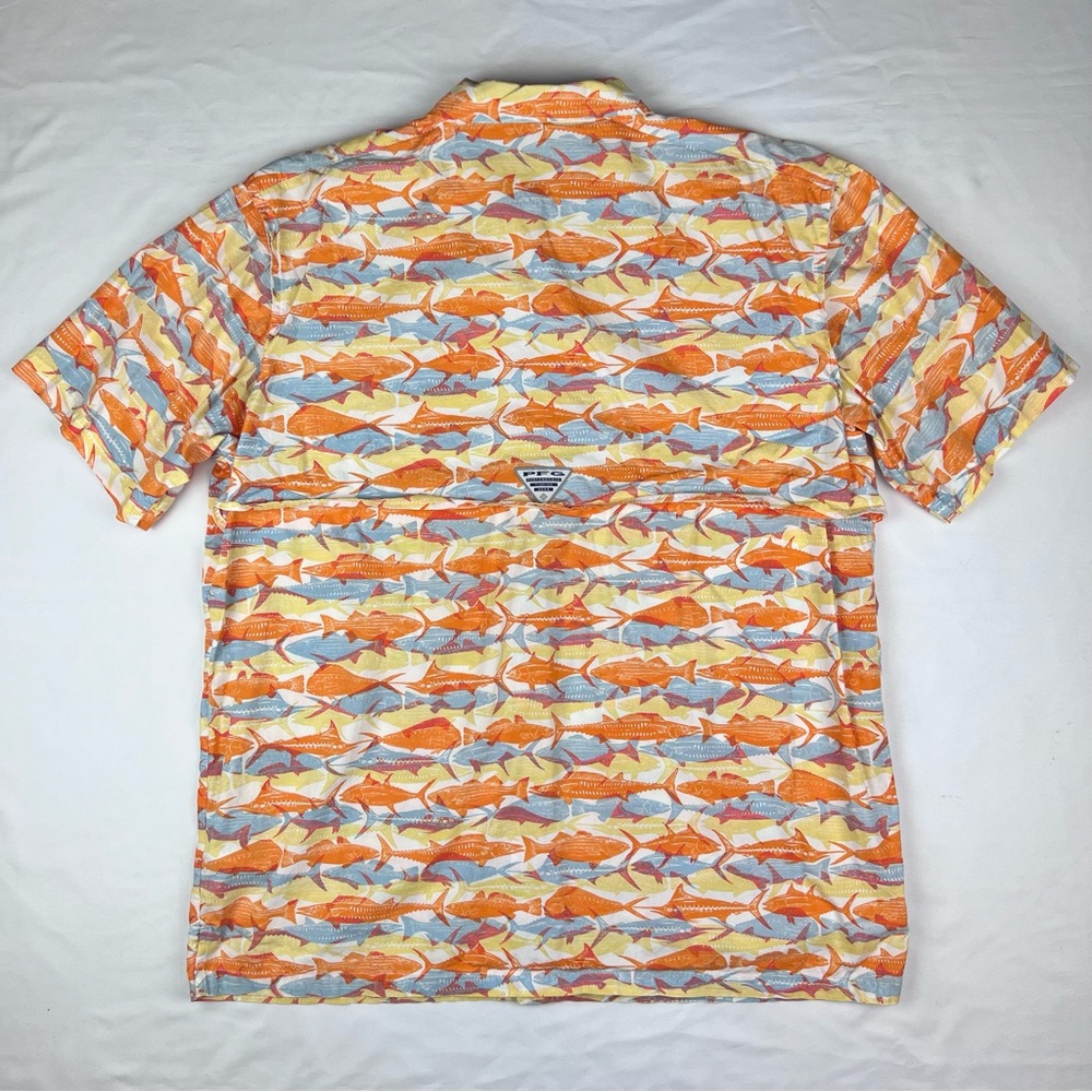 Columbia PFG XL Orange Blue Fish Print Mesh Button Up Short Sleeve Shirt - Picture 5 of 9
